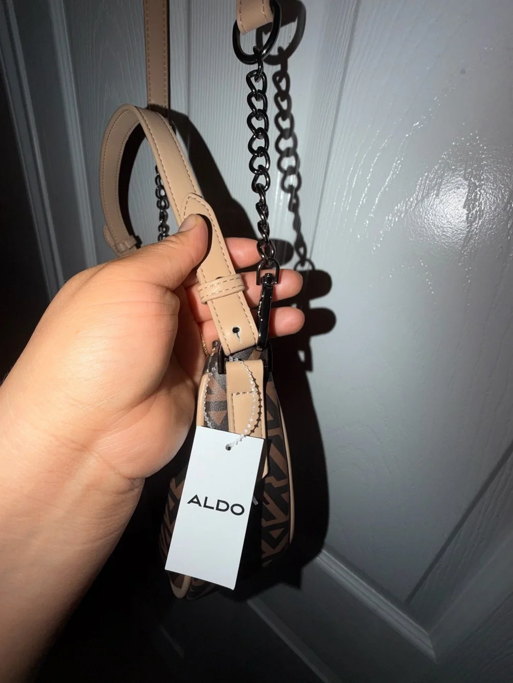 Aldo Brown and Beige Geometric Crescent Shoulder Bag